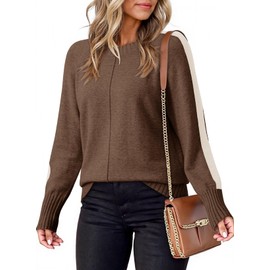 Dokotoo Womens Sweater Casual Long Sleeve Crewneck Color Block Knit Plus Size Sweaters for Women Loose Warm Pullover Jumper Top Teacher Outfits Brown XX-Large