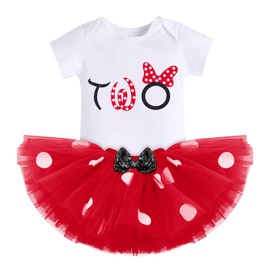 IBTOM CASTLE Baby Girls One 1st Birthday Outfit Polka Dots Romper Tutu Dress Sequin Bowknot Headband Princess Skirt One Years Old Clothes Set for Kids Princess Pageant Sundress Red-two 2T
