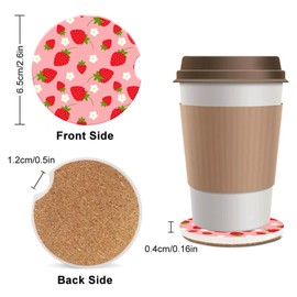 Cute Strawberry Daisy Flowers Car Coasters,Car Coasters for Cup Holders,2PCS Cute Anti Slip Car Interior Assecories for Women Men,Universal Size 2.56" with Finger Notch & Cork Base