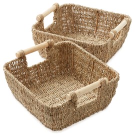 Casafield Set of 2 Seagrass Oval Storage Baskets with Wooden Handles - Small, Woven Bin Organizers