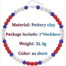 GAUEIOUR Baseball Periphery Men's Glitter Rhinestone Clay Beaded Ball Necklace,Baseballer Inspired Beaded Necklace Unisex Rhinestone Discoball Necklaces Jewelry-gift (White Red Blue)