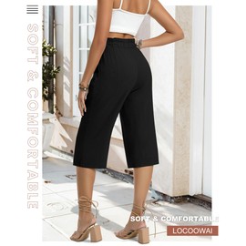 Locoowai 2 Pack Women's Wide Leg Linen Capri Pants Casual Cotton High Waist Cropped Palazzo Summer Trousers with Pockets(Black, White,X-Large)