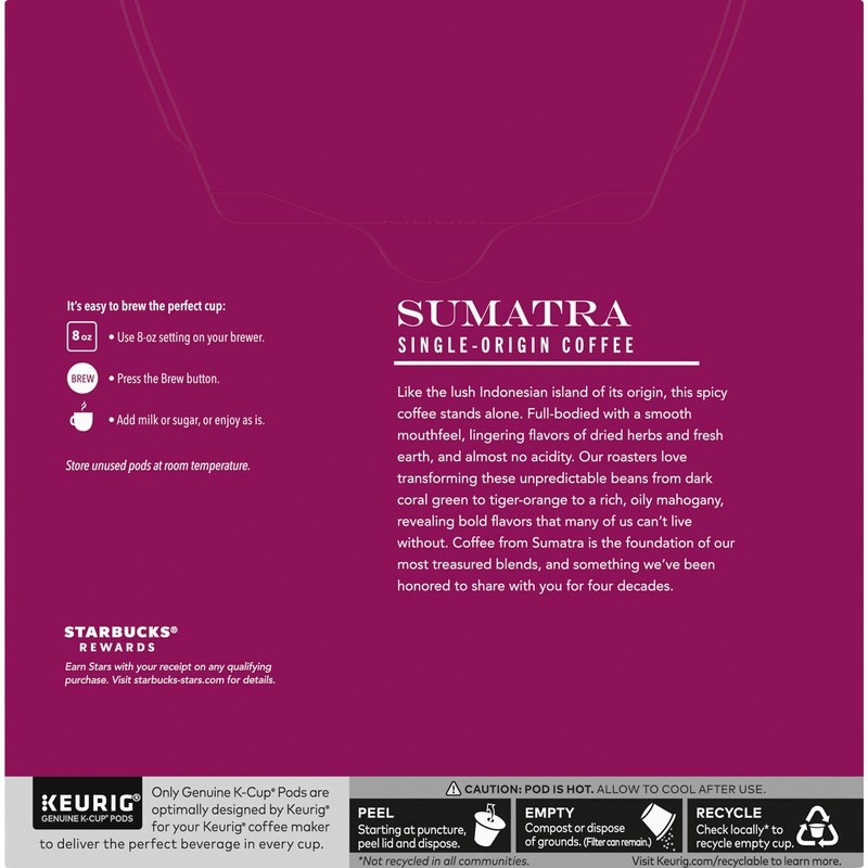 Starbucks Coffee K-Cup Pods, Sumatra Single-Origin Coffee, Dark Roast Ground