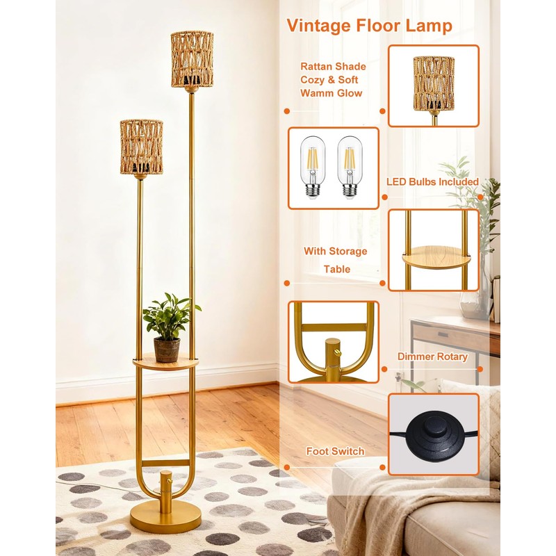 Lightdot 63IN Gold Floor Lamp with 2 Rattan Shades Mid