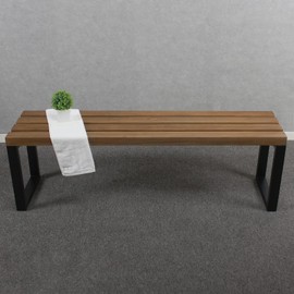 Outdoor Soild Wood Bench,55 inch Patio Picnic Bench,Oil Finished Backless Wooden Garden Park Bench for Patio Porch, Modern Slim Indoor Dining Furniture,Sandblast Finish/Rustic Metal,Teak Color