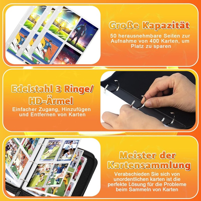 Football Trading Card Album, 400 Card Capacity, 50 Pages, Zip