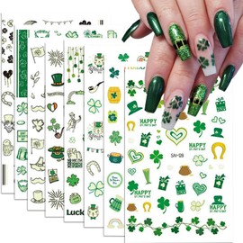 8 Sheets St. Patrick's Day Nail Aat Stickers Luck of The Irish 3D Self-adhesive Nail Decals Spring Green Shamrock Nail Decorations Cute Designs Nail Supplies Holiday DIY Nail Accessories for Kids and Girls