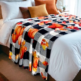 Fall Throw Blanket Pumpkin Leaves Plaid Flannel Blanket for Couch Bed Sofa, Soft Warm Autumn Blanket Fall Decor Cozy Home Atmosphere, 60"x50"