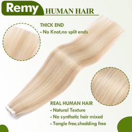 S-noilite 22" Tape Hair Extension Human Hair Brazilian Hair Ash Blonde & Bleach Blonde 40pcs Set Remy Tape In Human Hair Extension With Double Side Tape Silky Straight 100g,2.5g/pcs(22",#18P613)