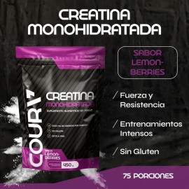 COURA Creatina Monohidratada en polvo 450g - Creatina Gym - Suplemento Deportivo Sabor Lemon-Berries 75 porciones - Aumenta la Fuerza y Resistencia - 