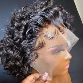 PORSMEER Real Hair Wig, Full Lace Front, Black Afro Kinky Curly Bob Wig, Short Curly Hair Wig for Women, Black, 150 Density, 100% Brazilian Real Hair for Women