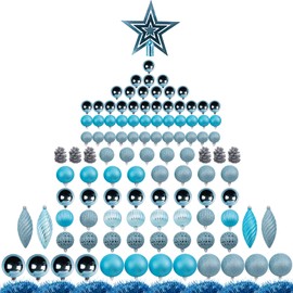 Ogrmar 119ct Christmas Tree Ball Ornaments Set Assorted Shapes and Sizes Shatterproof Hanging Decoration with Hand-held Gift Package for Christmas Tree Holiday Wedding Party (Blue)