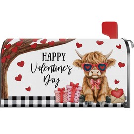YINENA Happy Valentines Day Mailbox Cover Magnetic Highland Cow Love Heart Mailbox Cover Standard Size 21x18 Inch Post Letter Box Wrap Garden Yard Home Decor