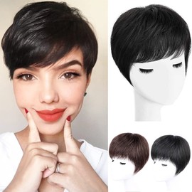 AiUree Women Short Straight Human Hair Toppers with Swept Bangs Dark Brown 5.9 x 6.3 Silktop Base Head Spin Topper Hair Piece 6 inch Clip in Top Hairpiece for Covering Grey Hair Thinning Hair