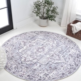 JONATHAN Y WSH102A-5R Didim Boho Medallion Machine-Washable Gray/Purple 5' Round Area Rug Pet-Friendly, Non-Shedding, Stain-Resistant, Easy-Cleaning