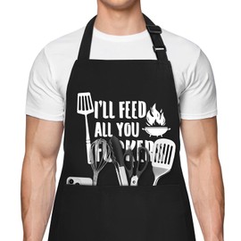 Funny Aprons for Men, I'll Feed All You Chef Apron with 3 Pockets, Adjustable Neck Strap and Long Waist Ties, Perfect for Kitchen Cooking, Grilling, Gifts for Husband, Dad, Boyfriend,Wife, Mom