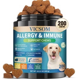 VICSOM 200 Natural Skin Daily Treats for Dogs, Daily Ears, Paw, Skin & Coat Supplements Support Chews with Salmon Oil & Omega-3, Colostrum, Turmeric for All Breeds Dog - Chicken Flavor
