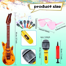 56 Pcs Inflatable Rock Star Toy Set include 18 Inflatable Guitars 18 Blow up Microphones 18 Colorful Heart Shaped Sunglasses and 2 Air Pump for 80s 90s Musical Party Favors
