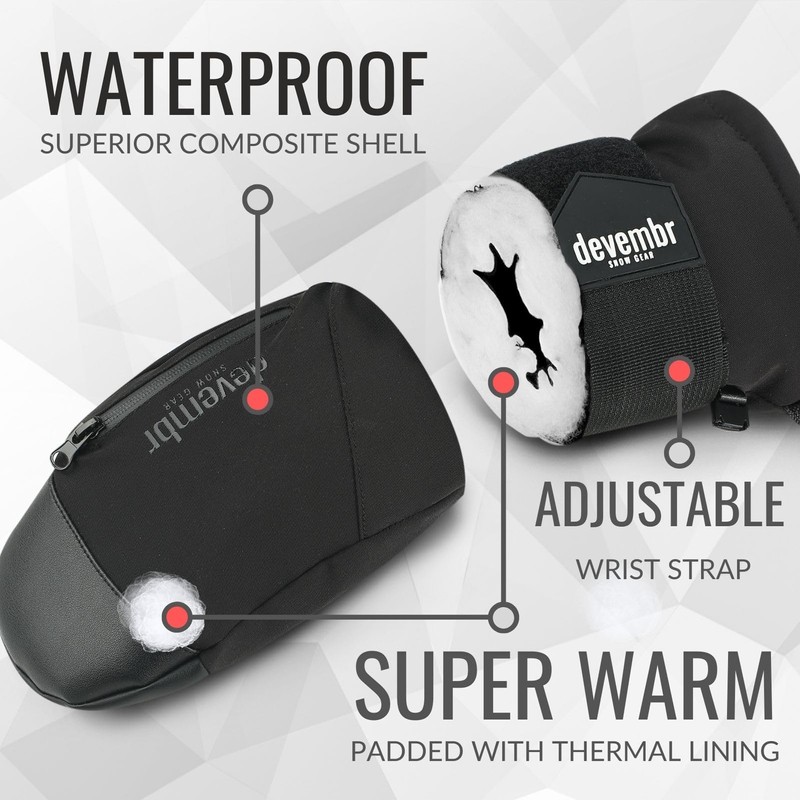 devembr Ski Mittens with Wrist Guards, Snowboarding Mittens Touchscreen, Snow