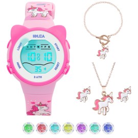 HMJIA Children's Watch Girls with Cat Motif Necklace Set 3ATM Waterproof Watch with Alarm Stopwatch LED Light Children's Watch Digital Birthday for 3-12 Years Girls, Unicorn, cute