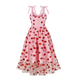 Pink Strawberry Dress Women Tie Strap Sleeveless Dress Strawberry Printed Dress Ruched Summer Cute A Line Homecoming Dress Tulle Prom Dress Mesh Ruffle Boho Spaghetti Strap Dress Backless Strawberry M