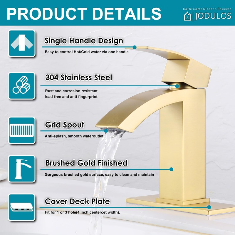 Jodulos Gold Bathroom Faucet, Waterfall Bathroom Sink Faucet with cUPC