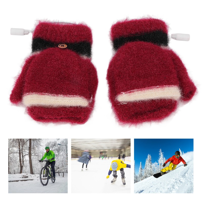 USB Heated Gloves Half Fingerless Flip Burgundy Double Sided Knit