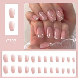French Tip Press on Nails Glitter Short Square Fake Nails Nude Glossy Design Sparkly False Nails Glue on Nails with Full Cover Acrylic Stick on Nails for Women Girls Nail Decorations 24Pcs