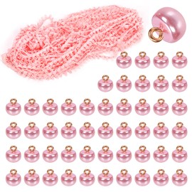 Swpeet 20 Yard Pink Braid Trim with Elastic Button Loop with 50Pcs Pearl Buttons Kit, Elastic Button Loop Stretch Band, Braid Trim Embellishment Elastic Cord with Buttonhole for Costume Crafts