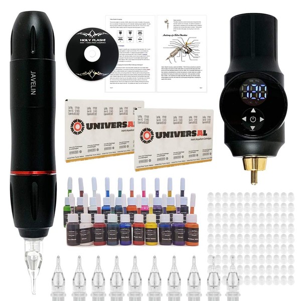 Javelin Wireless Portable Tattoo Pen Kit Starter Machine Gun Power Supply Set with Ink (Javelin Freedom Kit + 20 Colors) 86 PCS