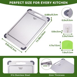Stainless Steel Cutting Board, Double Sided Food Gradable Steel Cutting Boards for Kitchen with 2 Cleaning Scrapers, Metal Cutting Board with Grooves for Fruits (Medium)