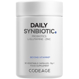 Codeage Daily Synbiotic Supplement - Prebiotics, Lactobacillus & Bifidobacterium Probiotics, L-Glutamine, Zinc L-Carnosine, DGL, Synbiotic Probiotic, BioPerine - Shelf-Stable - 30 Capsules