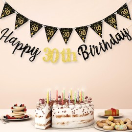 TOPWAYS 30th Birthday Decorations Banner Women Men, Black Gold 30th Birthday Decorations Happy 30th Birthday Banners for Men Women 30th Birthday Banner Party Decorations (Birthday 30)