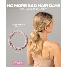 Ch. SKINNIES-1 Small Silk Scrunchies Set with Clear Makeup Bag - Stylish Hair Ties for Thin Hair (Pink Quartz)