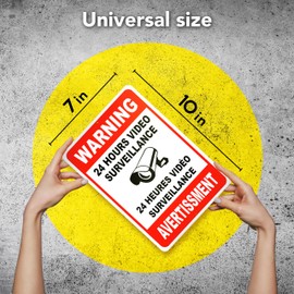 2 PС Video Surveillance Sign French - 7 x 10 Aluminum 24 Hour Surveillance Sign - Smile Your on Camera Signs - No Trespassing Sign - Security Signs