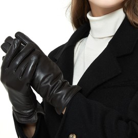 ZLUXURQ Womens Italian Soft Genuine Lambskin Leather Touchscreen Dark brown Winter Gloves Cashmere Lined