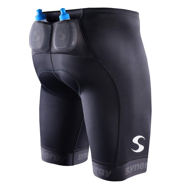 Synergy Men's Elite Tri Shorts with Mesh Pockets and Running Bottles (M, Black with Mesh Pockets and Running Bottles)