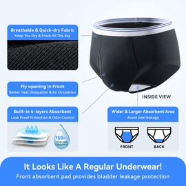 Carer Mens Incontinence Underwear Washable 3 Pack Cotton Reusable Incontinence Boxers Briefs for Men Built in Cotton Pad for Bladder Leakage 150ML, X-Large