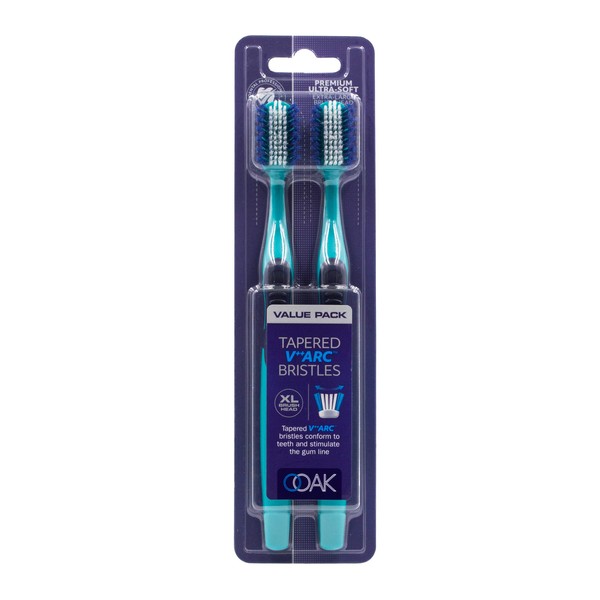 Ooak Toothbrush, Tapered V++Arc Soft Bristles, XL Brush Head 2 Pack - Cyan/White