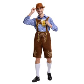 Beeoecm Oktoberfest Men's Outfit, German Bavaria Oktoberfest Costume Men's Bavarian Clothing Set with Removable Bib Straps, Shirts, Knee Socks and Bavarian Felt Hats (Blue, XL)