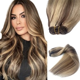 Sew in Hair Extensions Real Human Hair,12 Inch 100G Balayage Brown Mxied Ash Blonde Hair Extensions Sew in Weft Hair Extensions Human Hair Hand Tied Weft Hair Extensions for Women