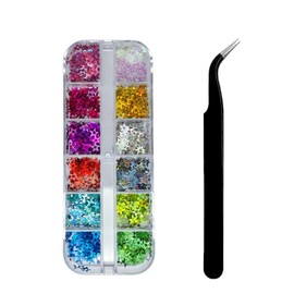 12 Colors Star Nail Art Glitter Sequins, 3D Five-Pointed Star Nail Flakes Designs Holographic Laser Hollow Star Nail Supplies with Tweezers for Women Girls Manicure Sparkle DIY Body Makeup Crafts