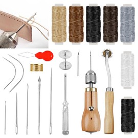 Leather Sewing Tool Set, Leather Stitch Sewing Awl + Waxed Thread + Curved and Tapered Needles, Built-in Spool DIY Craft Leather Sewing Kit with Screwdriver, Leather Sewing Accessories for DIY Craft
