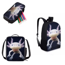 Amzbeauty 3Pcs Axolotl Backpack Lunchbox and Pencil Case for Elementary School Pink Mexican Salamander Backpack Set
