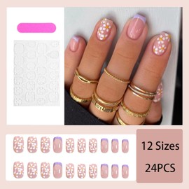 24-Piece French Tip False Nails with Daisy Flower Square Shape. Short, Stick-On, Removable Glue-On, Purple Full Cover Nails. Women's & Girls' Fashion Accessory