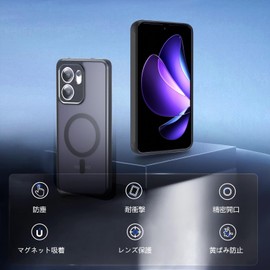 OPPO Reno13 A Case, Compatible with HUKWIMO, 2025, Magnetic Suction Type, Wireless Charging Compatible, Hybrid Structure, Shock Resistant, Strap Hole Included, Black, Compatible with OPPO Reno13A, 5G