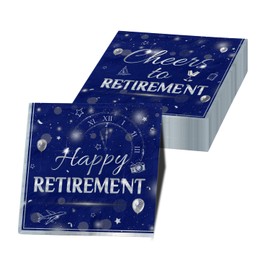 GREHUMOR Happy Retirement Napkins 40Pcs-Retirement Party Decorations Sliver and Blue Napkins Disposable Folded Cocktail Napkins Supplies for Men Women