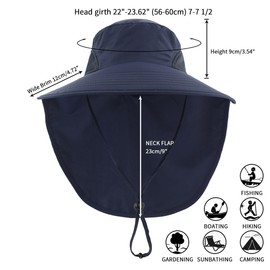 Magracy Mens Womens Outdoor Wide Brim Sun Hat with Neck Flap Mesh UV Protection Hat Gardening Fishing Hats Navy Blue