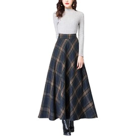 ebossy Women's Vintage High Waist Wool Blend Plaid A-Line Long Maxi Skirt with Pocket (Small, Plaid Blue)