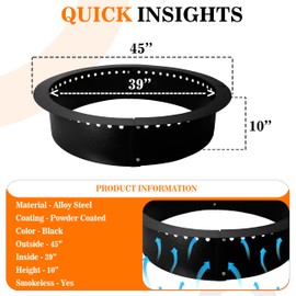 FEBTECH - Smokeless Fire Pit Insert - Steel 45" Round Foldable Fire Pit Ring with Air Vents and Coller Support - DIY Fire Ring in or Above Ground for Patio Outdoor Garden Bonfire Camping Accessories